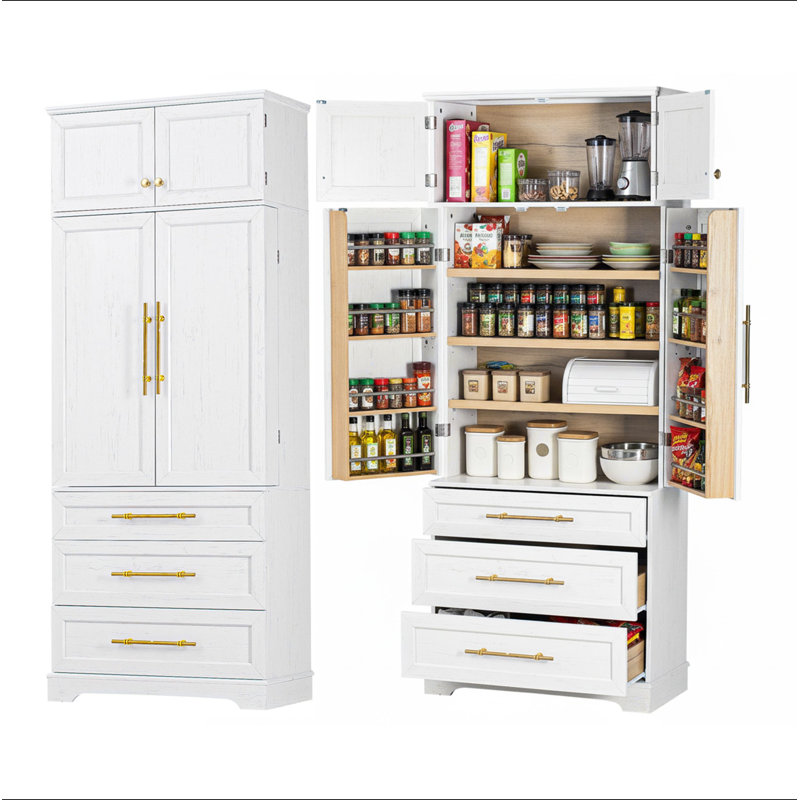 Armoire de cuisine de campagne de 78,2 po de hauteur avec 8 tablettes de porte, armoire de rangement avec 3 tablettes réglables, 3 grands tiroirs, armoire polyvalente pour la cuisine, la salle à manger et la salle de bain