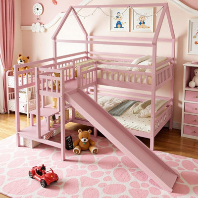 Lit superposé pour enfants en forme de maison avec glissade et aire de jeu, double agencement, escalier de rangement et conception silencieuse