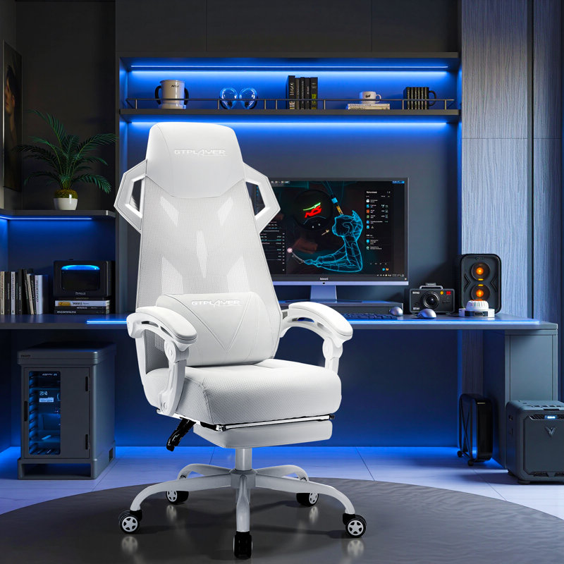 Gaming Chair, Reclining Chair with Mesh Back, Adjustable Headrest, Lumbar Support and Footrest, White