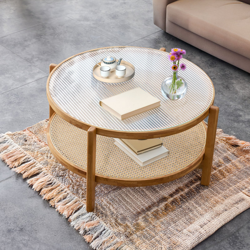 Modern Circular Solid Wood Tea Table With Rattan, Double-layer Round Side Table.