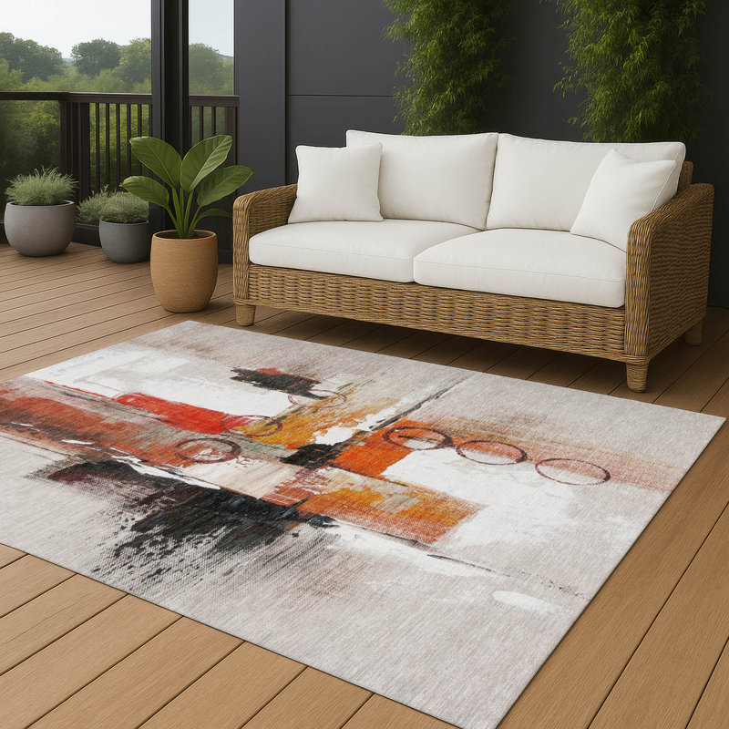 Tapis moderne intérieur / extérieur lavable à la machine ACN2751, Rouge, 9 pi x 12 pi