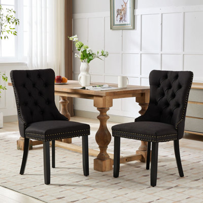 High - End Solid Wood Dining Chair With Elasticity Foam And Nailhead Trim, Black Legs, 37.4 Inch Height Modern Chairs American Design, Rebound Sponge Of 2, Color, 25.5 Depth