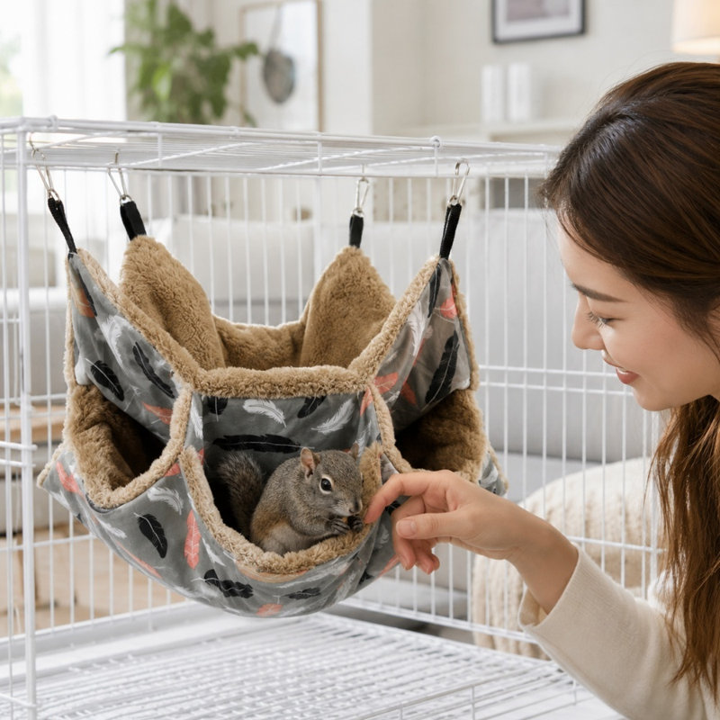 Sac de couchage hamac pour animal de compagnie à double couche en peluche, nid de cage en flanelle chaud avec 4 crochets en métal, lit suspendu confortable pour écureuils, hamsters, planeurs de sucre, rat, furet