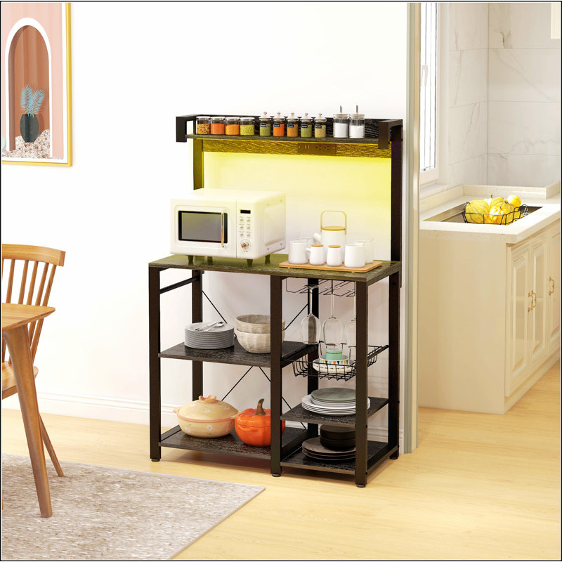 HOMCOM Baker's Rack with Power Outlet and LED Lights, Bakers Racks for Kitchens with Storage, Industrial Microwave Stand with Glass Holders, Metal Basket, Multiple Shelves, Rustic Brown