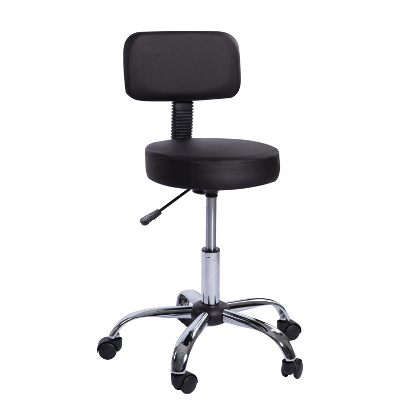 Dakotajames Adjustable Drafting Stool, Office Stool with Wheels and Backrest, Faux Leather Space-Saving Rolling Stool, Black