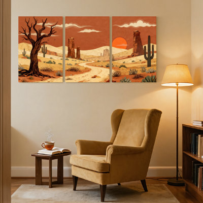 «Landscape & Nature Desert Landscape with Cactus and Rock Formations», ensemble de 3 impressions d'art sur toile