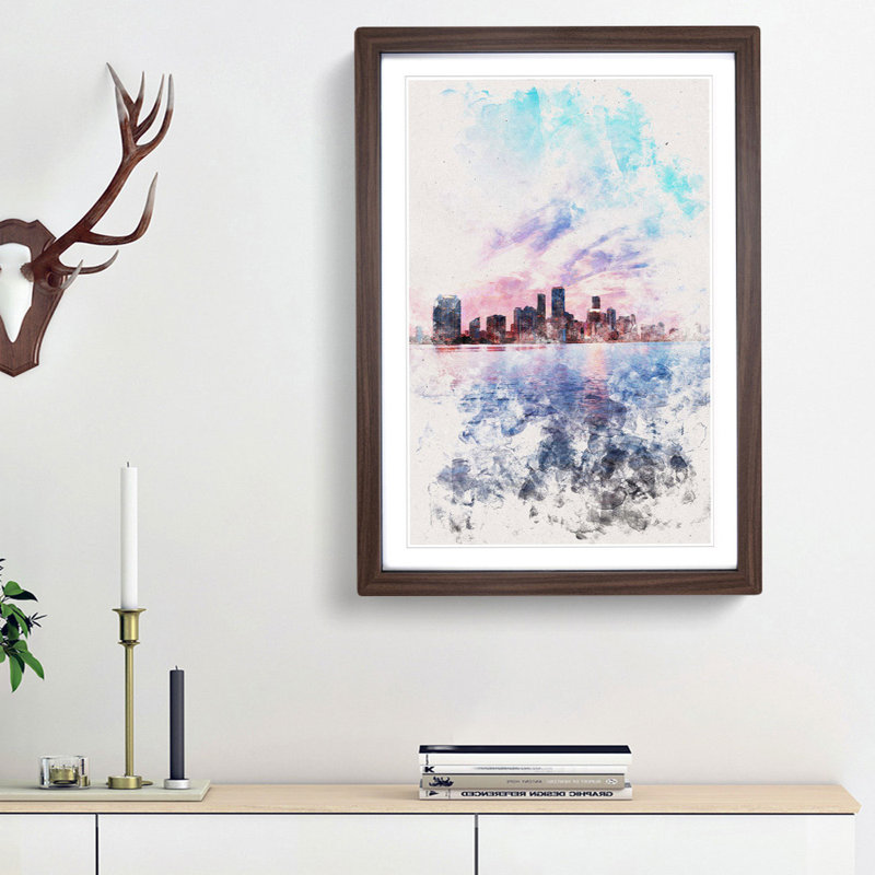 Miami Florida Skyline - Picture Frame Painting Print, Walnut Framed, 33cm H x 24cm W x 2cm D
