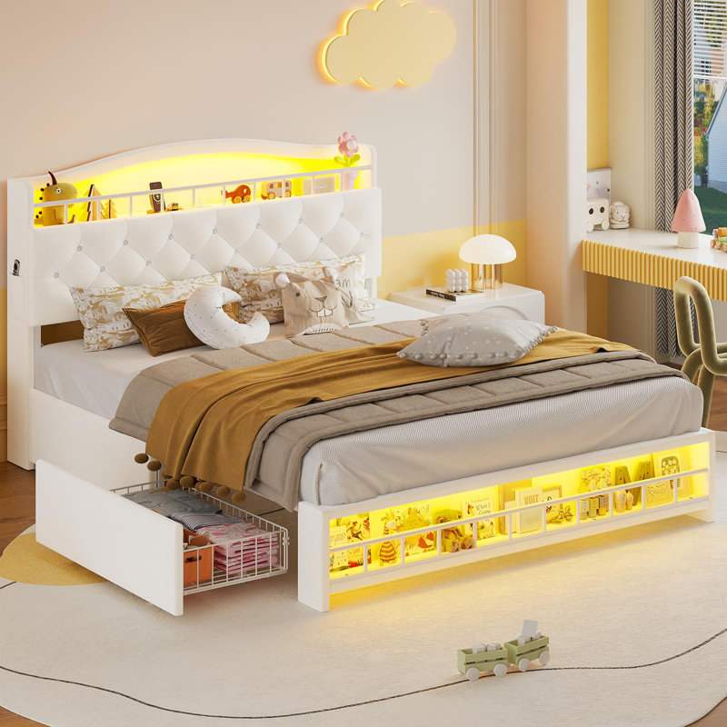 Bed Frame With Storage Headboard & 4 Drawers,with Led Lights & Charging Station, No Box Spring Needed, Easy Assembly, Princess Velvet Upholstered Platform Bed