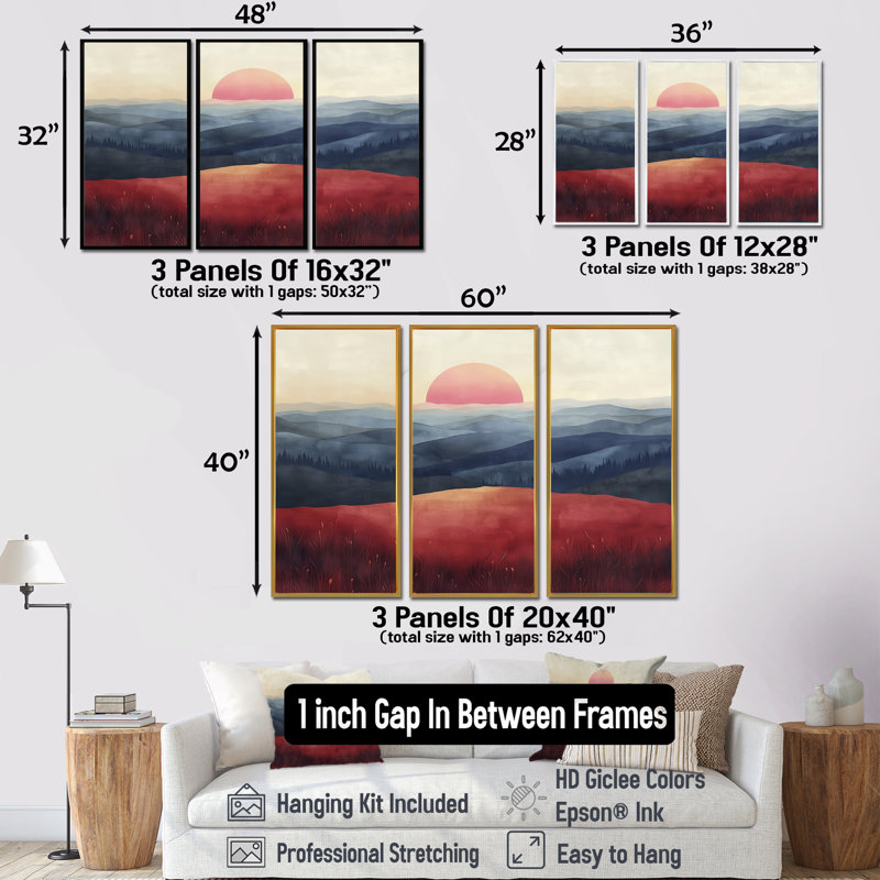 «Red Blue Abstract Sunset Mountain Landscape I», ensemble de reproductions d'art mural, Toile avec cadre flottant brun