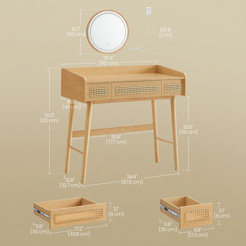 Virdie Boho Vanity Desk with Light Up Mirror, 3 Drawers, Dimmable, Touch Control Light with 3 Colour Hues, Oak Beige