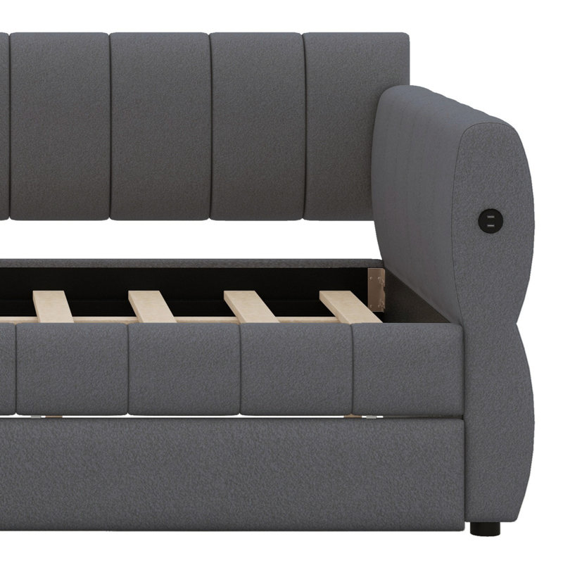Lit plateforme tapissier moderne avec lit gigogne et station de charge USB intégrée, Gris