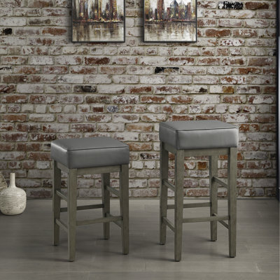 24" Counter Height Stools, Of 2, Gray Faux Leather Seat, Antique Solid Wood Frame, Dining Room Element 2 Accessory Item