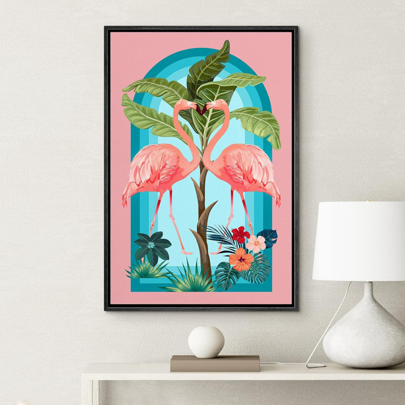 Adolescents lumineux, fleurs tropicales, flamant rose, Noir, H 36 po x l 24 po
