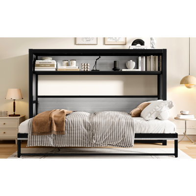 Lit escamotable gris en métal avec tablettes intégrées, pliable et stable, parfait pour les espaces invités, peu encombrant et facile à monter