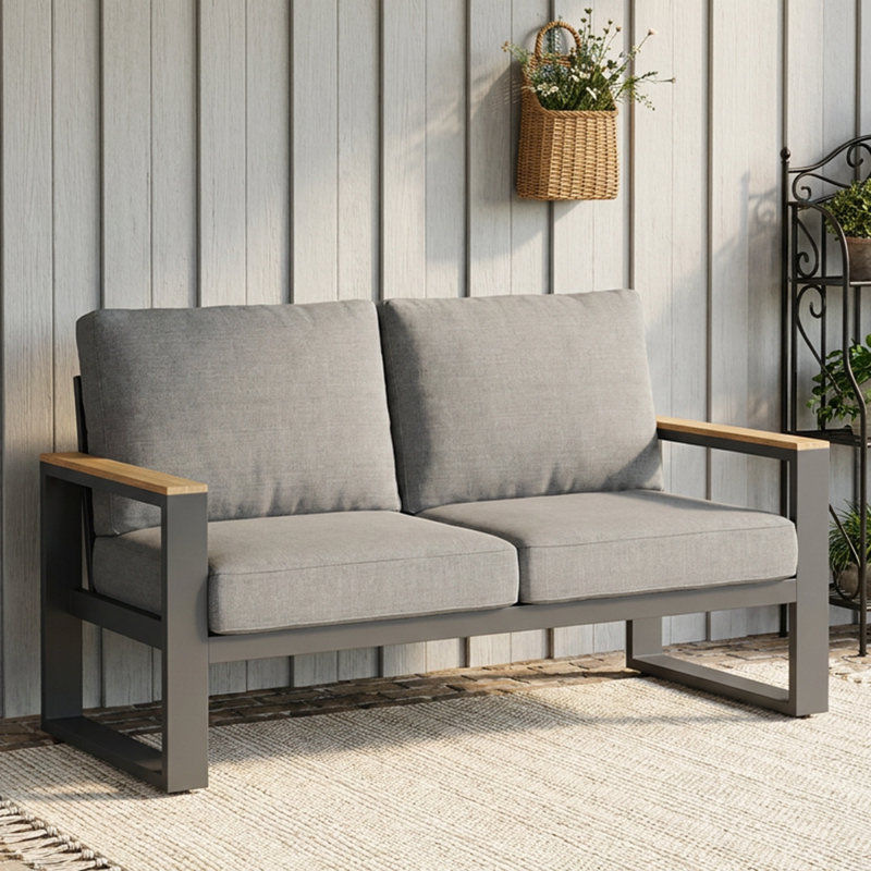 52" Aluminum 2‑Person Outdoor Sofa for All Weather, Metal Patio Sofa with Wood Armrest for Skin-friendly Touch, Outdoor Loveseat with Removable Cushions for Backyard, Garden, Deck