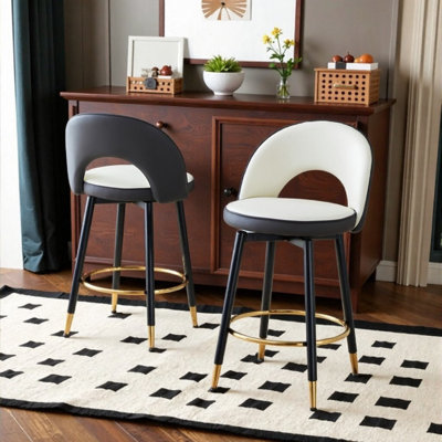 White/Dark Grey PU Swivel Bar Stool Set - Modern Spliced Upholstery