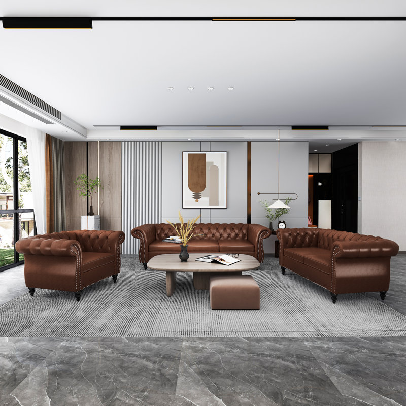 Brisny 3-Piece Faux Leather Living Room Set, Brown Faux Leather