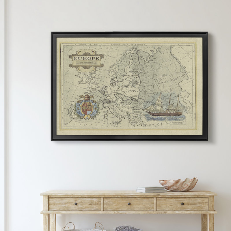 Carte antique de l'Europe - reproduction de cadre photo sur toile, Noir, H 26,5 po x l 36,5 po x P 1,5 po