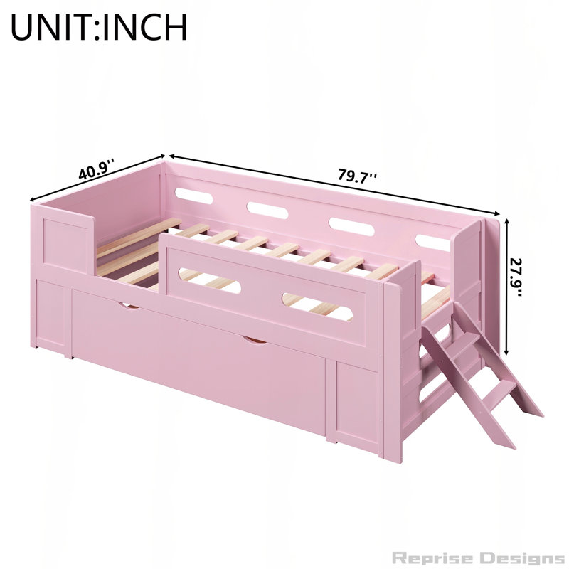 Lit plateforme simple avec garde-corps et tiroir de rangement, Lit simple, Pink