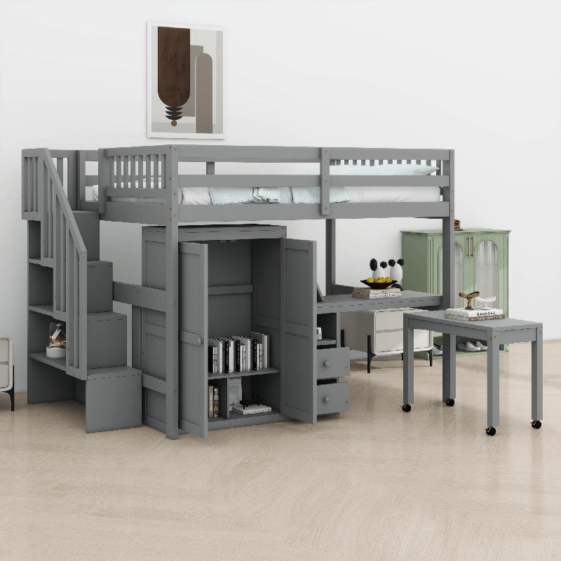Lit mezzanine avec escalier, Gris, Lit double