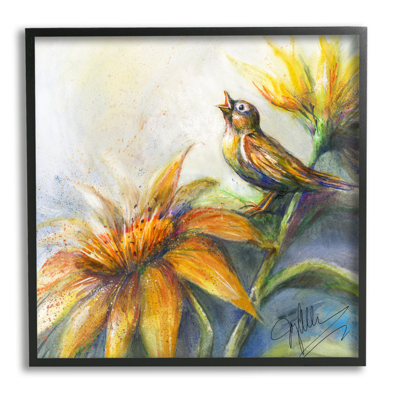 «Stupell Industries Bird Singing Yellow Flowers», art mural sur toile par Joy Allen, Giclée encadrée noir minuit