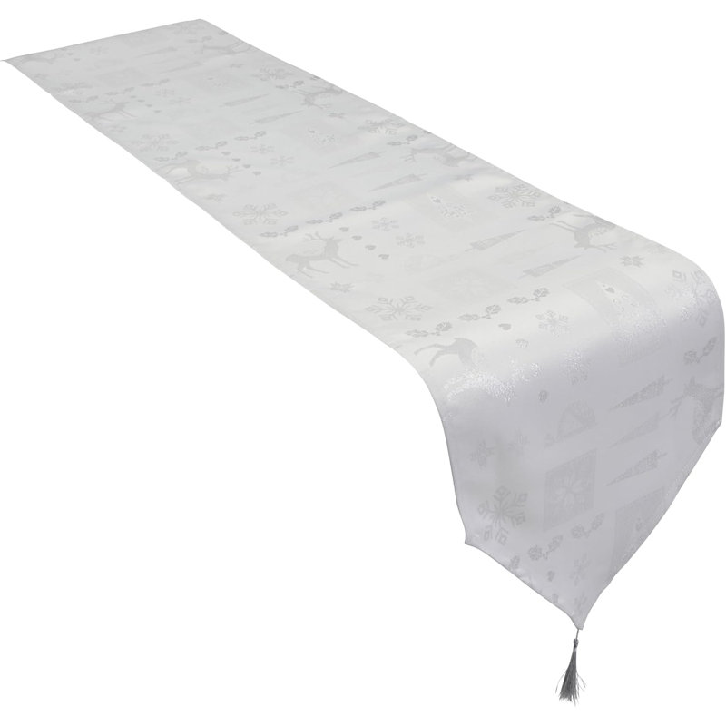 Christmas Theme Tasselled Table Runner 13in, 33cm W x 183cm L, White