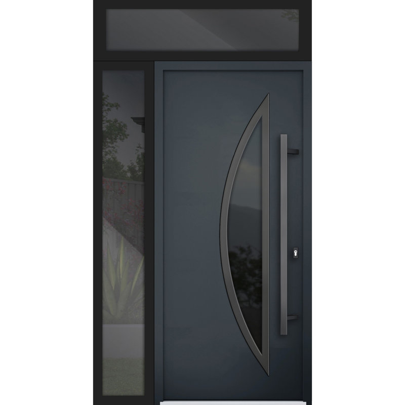 Porte avant en acier pré-suspendue à l'avant / deux 6501 anthracite / fenêtre extérieure latérale et supérieure / inserts en acier inoxydable peints simples modernes - l 36 po x H 80 po + 16 po - Gauche