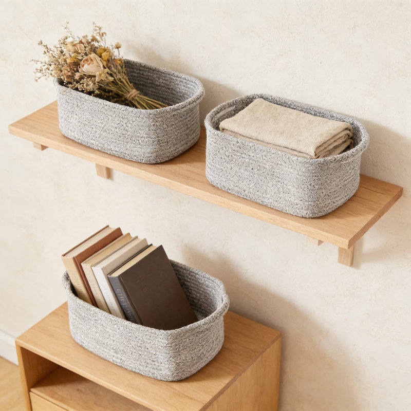 Cotton Rope Storage Baskets With Handles, Set Of 3 Woven Decorative Baskets For Nursery, Shelves, And Home Organization, Gray