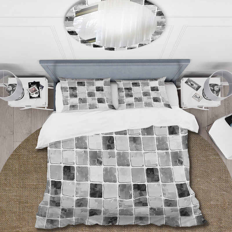 Ensemble de housse de couette gris Midcentury Mosaic Tiles IV - Midcentury, Housse de couette pour grand lit + 2 taies décora