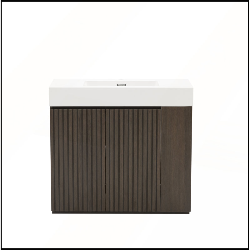 Meuble-lavabo 36 po en chêne fumé avec lavabo pour salle de bain moderne, cuve à quartz blanche une pièce, sans drain et robinet, KD