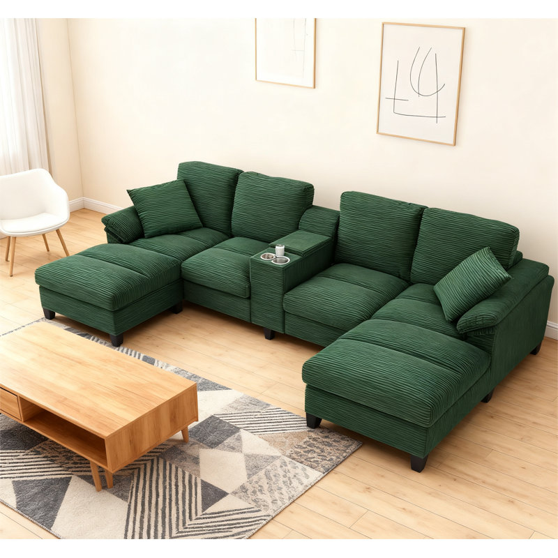 Canapé modulaire moderne en forme de U avec canapé rembourré en velours côtelé de 116,9 po, Vert