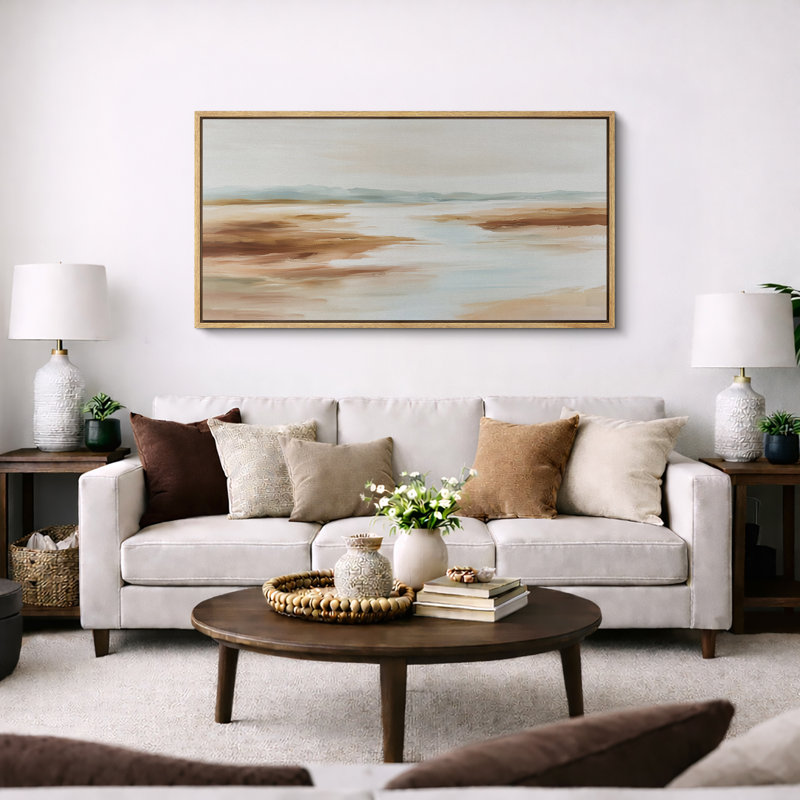 Soft Neutral Abstract Coastal Landscape Wall Decor Extra Large Pictures Framed Canvas Print Wall Art, Natural, 30" H x 60" W