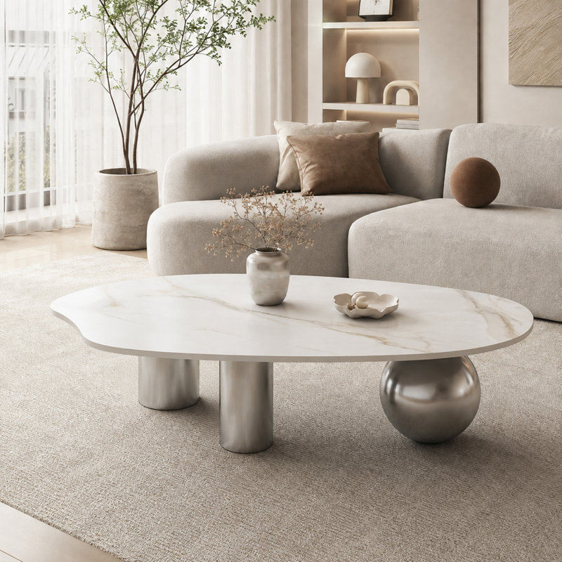 Table basse en pierre frittée de forme libre de 49,2 po avec aspect faux marbre, base en acier inoxydable sculpté et base cylindrique, table de cocktail irrégulière moderne