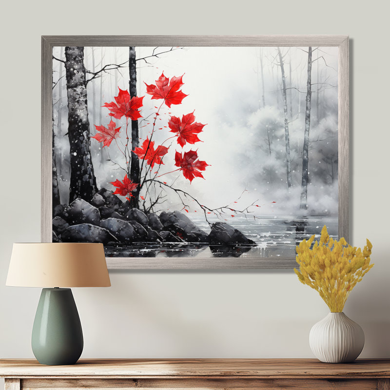 Bianchina, forêt monochrome rouge minimaliste II - forêt, art mural, H 30 po x l 40 po x P 1,5 po, Cadre flottant blanc