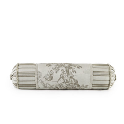 Austin Horn Classics Cosmopolitan Toile Neckroll Bolster 24” (End To End) From Main And Stripe Fabric, With Cording, Gimp, And Button Ends. Polyester Fiber Filled.