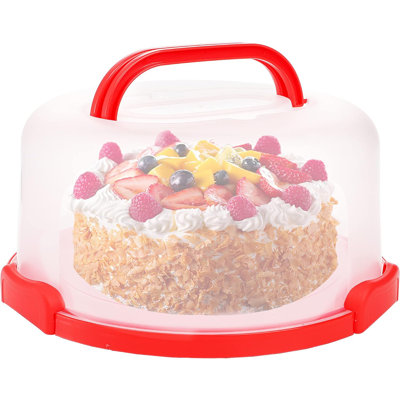 Cake Carrier with Collapsible Handle - Plastic Red Cake Container and Holder with Lid