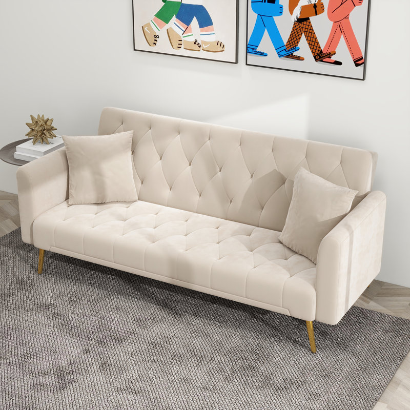Linndale Modern 71.2” Velvet Couch Folding Tufted Sofa Bed for Living Room and Bedroom, Beige