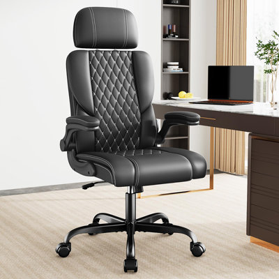 Executive Leather Office Chair, Comfy Desk Chair with Adjustable Headrest & Flip-up Padded Arms & Lumbar Support, Adjustable Hight and Tilt, Rolling S