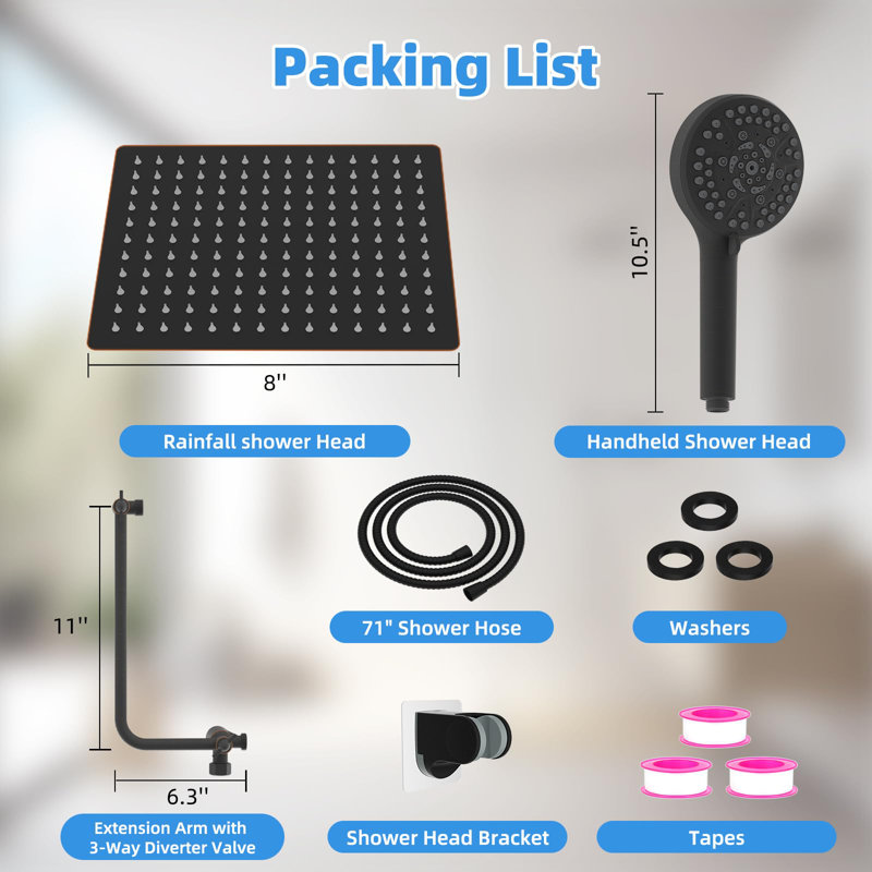 8" Shower Head, High Pressure Rainfall Handheld Shower Combo, Extension Arm,10-Spray Handheld Showerhead,71" Long Hose, 3-Way Diverter