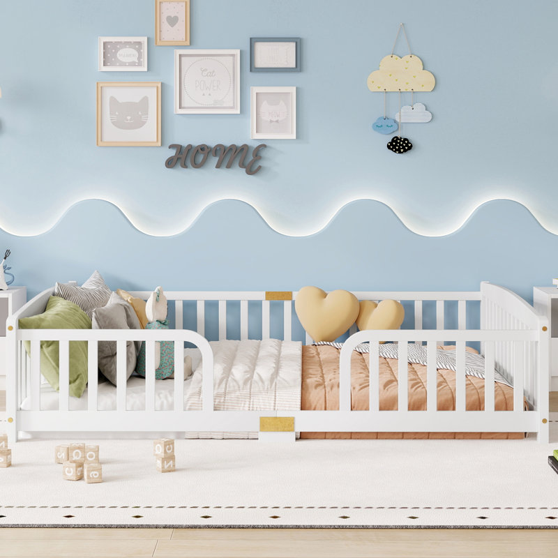 Lit de sol Montessori pour tout-petits, cadre en pin (blanc, Queen), Grand lit, White