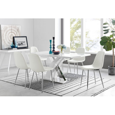Edzard Chrome & White High Gloss Dining Table Set with 6 Luxury Faux Leather Dining Chairs