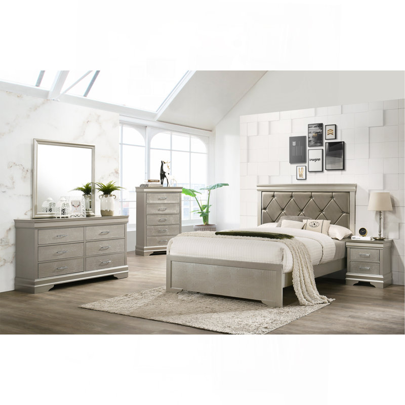Meuble de chambre moderne capitonné beige, Très grand lit