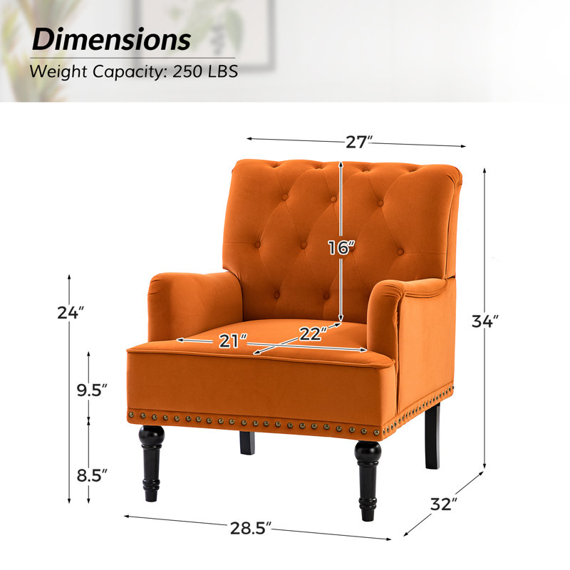Fauteuil capitonné en velours avec garniture cloutée 28,5 po Jakub , Velours orange