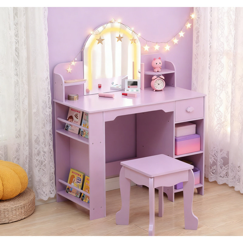 Coiffeuse pour enfants avec miroir lumineux et tabouret, bureau réglable à DEL avec rangement pour filles de 3 à 9 ans, Mauve