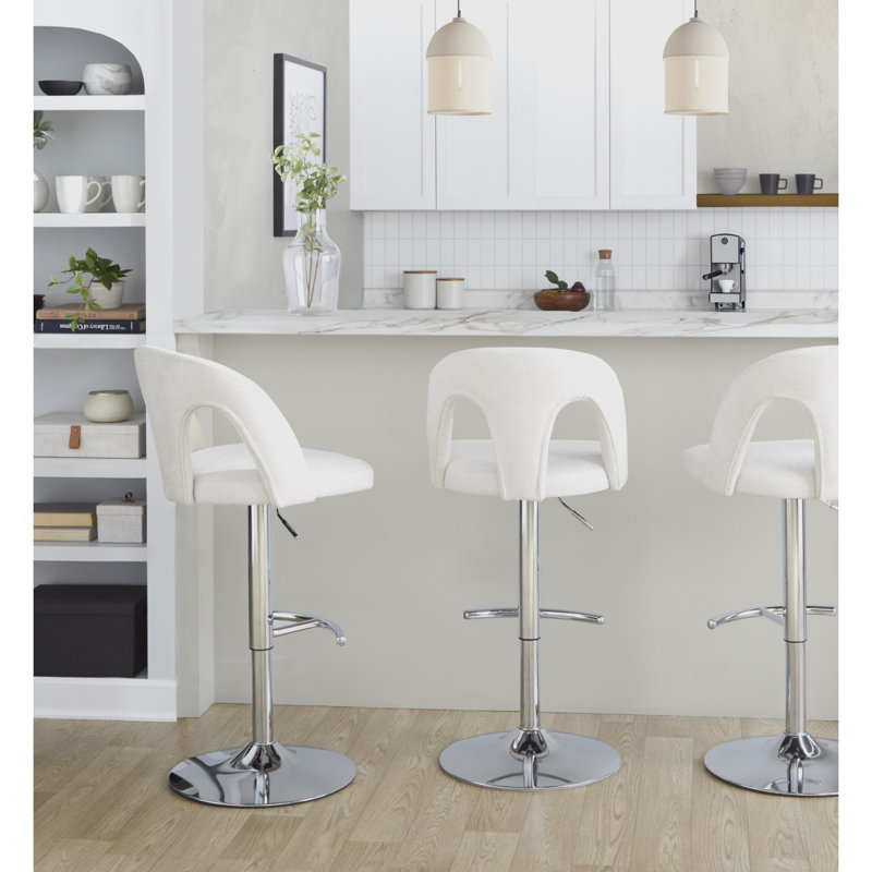 Tabouret de bar réglable en métal chromé et tissu blanc neige avec repose-pieds arrondi en T - ensemble de 2, Snow White