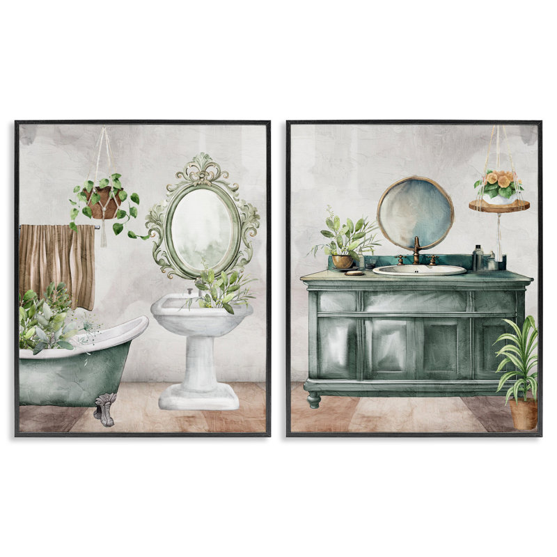 Ensemble de 2 giclées encadrées Bath Greens Botanical Interior, design par Kim Allen, H 14 po x l 22 po