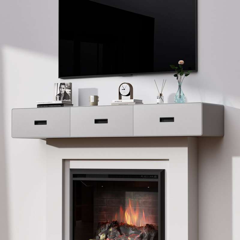 Meuble télé flottant, meuble télé mural moderne avec 3 tiroirs pour console multimédia (63 po), Gris clair