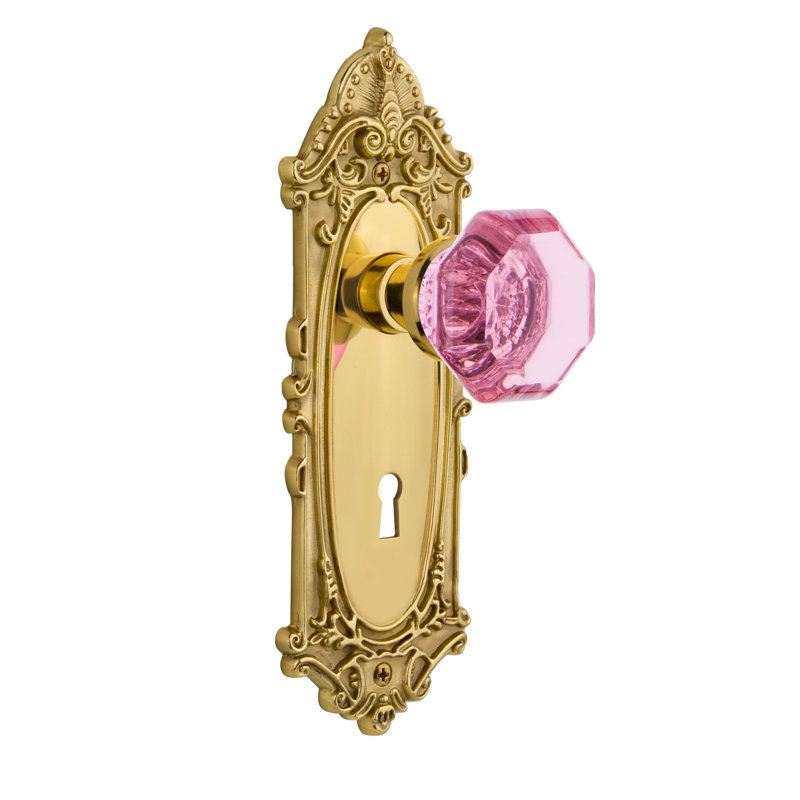 Victorian Plate with Decorative Keyhole and Waldorf Pink Door Knob, Unlaquered Brass