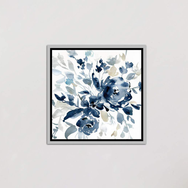 « indigo jardin i » par carol robinson, reproduction d’art, H 37 po x l 37 po x P 1,5 po, Toile avec cadre argenté