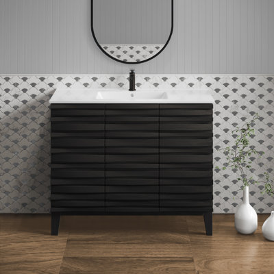 Meuble-lavabo autoportant noir de 36 po avec plateau en céramique blanc résistant aux égratignures Cascade